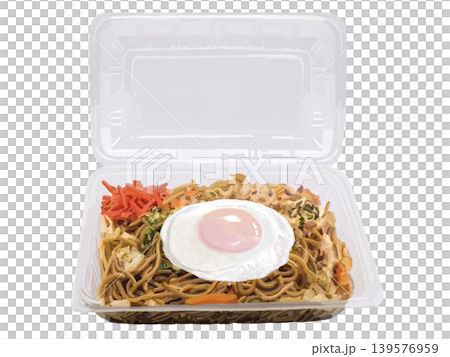Yakisoba (opened pack) topped with a fried egg Yakisoba (opened pack) topped with a fried egg 139576959