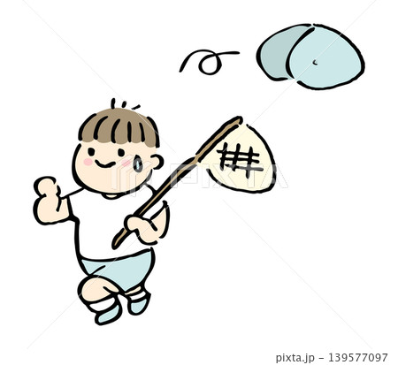 虫取り網を持って走る男の子の手描きイラスト 帽子 夏 汗 虫取り網を持って走る男の子の手描きイラスト 帽子 夏 汗 139577097
