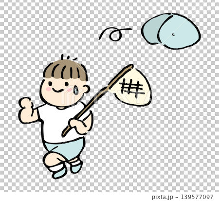 虫取り網を持って走る男の子の手描きイラスト 帽子 夏 汗 虫取り網を持って走る男の子の手描きイラスト 帽子 夏 汗 139577097