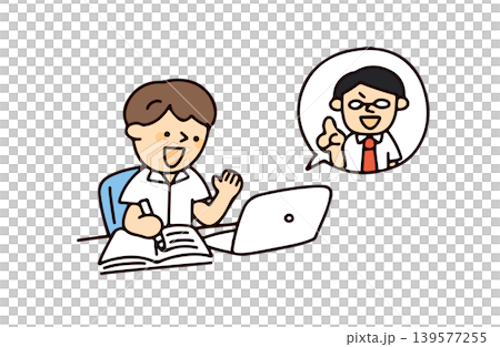 オンライン学習をしている男子学生と講師のイラスト 139577255