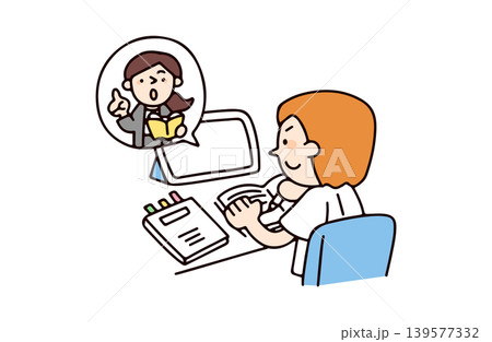 オンライン学習をしている意欲的な男子学生と講師のイラスト オンライン学習をしている意欲的な男子学生と講師のイラスト 139577332