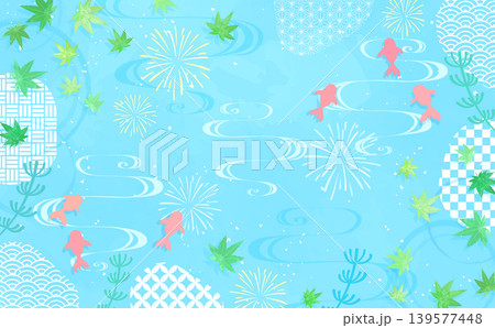緑のもみじと金魚の泳ぐ水面の和風涼感イラスト_横 緑のもみじと金魚の泳ぐ水面の和風涼感イラスト_横 139577448