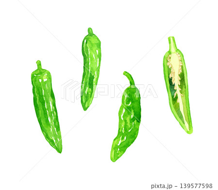 ししとう(シシトウガラシ)のセット 野菜の手描き水彩イラスト素材 ししとう(シシトウガラシ)のセット 野菜の手描き水彩イラスト素材 139577598