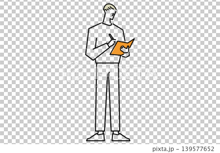 一名男子站著在筆記本或日記本上寫作。 一名男子站著在筆記本或日記本上寫作。 139577652