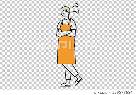 一位身穿圍裙、雙臂交叉、面露怒容的女子。 一位身穿圍裙、雙臂交叉、面露怒容的女子。 139577654