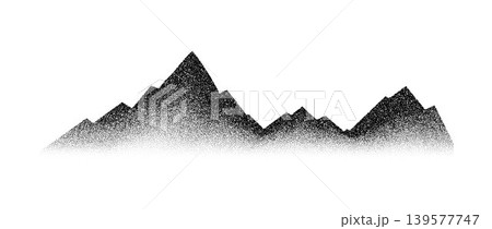 Grainy stippled mountain range illustration. Black and white textured mount peaks. Dotted landscape terrain silhouette. Noise grain hill chain in dotwork style. Vector grunge mountain ridge background 139577747
