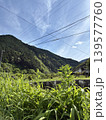 里山の風景・青空を横切る電線と新緑の山々・初夏の田舎の日常・インフラと自然背景・コピースペース 139577760