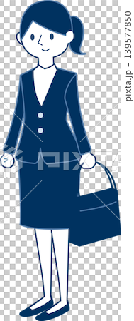 A smiling woman in a work suit stands with a bag in her hand. A smiling woman in a work suit stands with a bag in her hand. 139577850