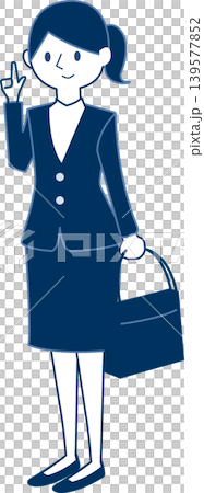 一位職業女性手提包，右手比劃著手勢。 139577852