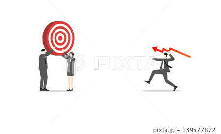 Business team together throwing red line graph arrow to hit target for crisis management risk rebalancing and financial loss prevention in difficult economic market situation Business team together throwing red line graph arrow to hit target for crisis management risk rebalancing and financial loss prevention in difficult economic market situation 139577872