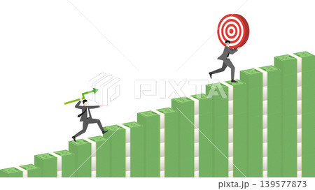 Successful businessman throwing green line graph arrow to hit target on rising banknotes bar graph for financial growth profit and cash flow investment achievement concept Successful businessman throwing green line graph arrow to hit target on rising banknotes bar graph for financial growth profit and cash flow investment achievement concept 139577873