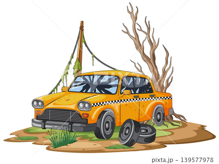 Abandoned Yellow Taxi Car in Overgrown Wasteland 139577978