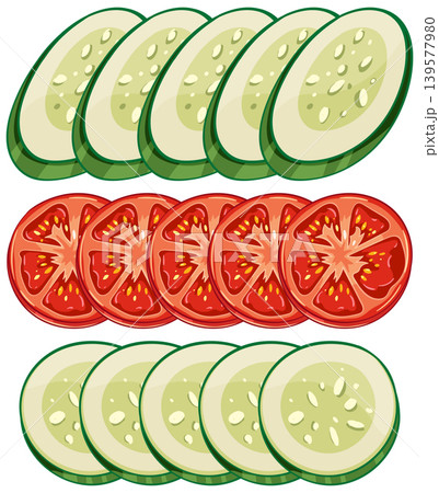 Sliced Cucumber and Tomato Vegetable Vector Illustration Sliced Cucumber and Tomato Vegetable Vector Illustration 139577980