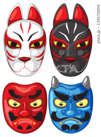 Traditional Japanese Kitsune and Oni Mask Vector Set 139578004