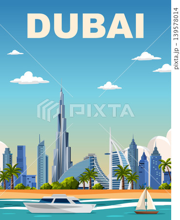 Dubai City Skyline Travel Poster with Skyscrapers and Coastal Waterfront Dubai City Skyline Travel Poster with Skyscrapers and Coastal Waterfront 139578014