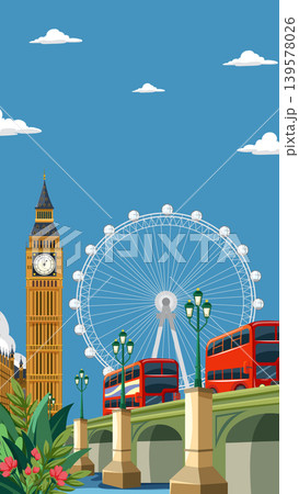Vertical Vector Illustration of London Landmarks with Big Ben and Red Buses Vertical Vector Illustration of London Landmarks with Big Ben and Red Buses 139578026
