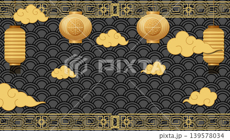 Traditional Chinese New Year Background with Golden Lanterns and Clouds 139578034