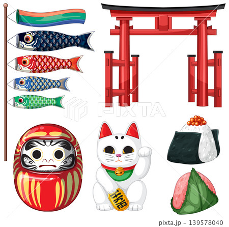 Traditional Japanese Symbols and Cultural Icons Vector Set 139578040