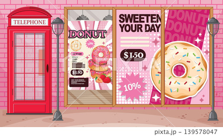 Colorful Vector Illustration of a Donut Shop Window and Red Telephone Booth 139578047