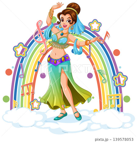 Smiling Belly Dancer Performing in Front of Rainbow and Music Notes Smiling Belly Dancer Performing in Front of Rainbow and Music Notes 139578053