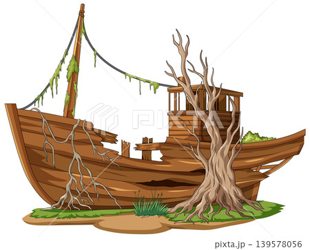 Old Abandoned Wooden Boat with Dead Tree Illustration Old Abandoned Wooden Boat with Dead Tree Illustration 139578056