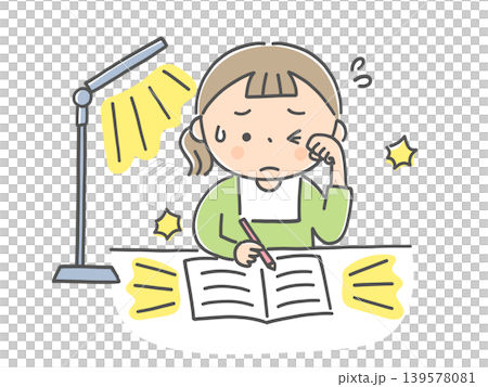 A child finds the light and white paper of their study to be too bright. 139578081