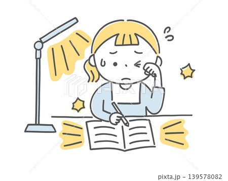 勉強中のライトと白い紙を眩しく感じる子供単色 139578082