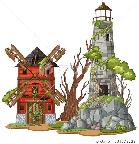 Abandoned Lighthouse and Windmill in Overgrown Fantasy Landscape Abandoned Lighthouse and Windmill in Overgrown Fantasy Landscape 139578228