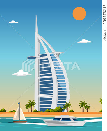 Modern Luxury Hotel Skyscraper on Tropical Beach with Boats and Sun 139578238