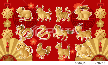 Golden Chinese Zodiac Animals Collection on Red Background with Traditional Elements 139578243
