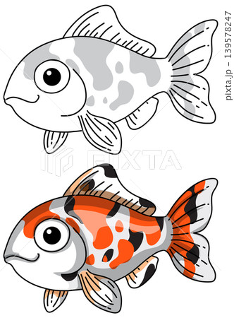 Cute Cartoon Koi Fish Vector Illustration in Color and Line Art 139578247