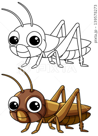 Cute Cartoon Cricket Illustration in Color and Black and White Line Art 139578273