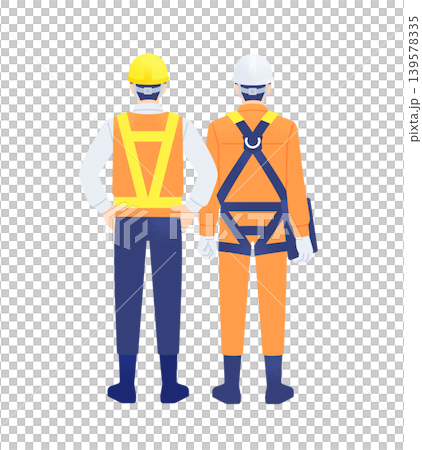 兩名男子在建築工地工作，身穿反光背心和全套安全帶，圖中描繪了他們的背影。 139578335