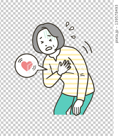 An illustration of the upper body of a middle-aged woman clutching her chest in distress due to palpitations. An illustration of the upper body of a middle-aged woman clutching her chest in distress due to palpitations. 139578493