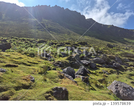 Rocky Mountain Slope Under Bright Blue Sky Rocky Mountain Slope Under Bright Blue Sky 139578639