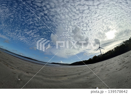 Wind Turbine Over Empty Beach Under Dramatic Sky Wind Turbine Over Empty Beach Under Dramatic Sky 139578642