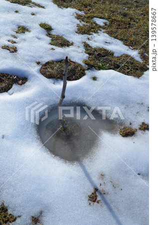 Melting Snow on Grass with Small Frozen Puddle 139578667