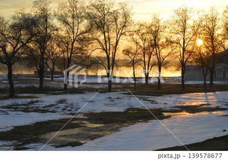 Winter sunset over snowy riverside trees Winter sunset over snowy riverside trees 139578677