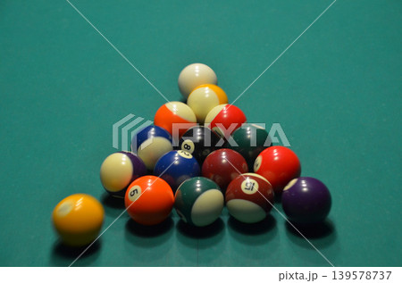 Scattered billiard balls on a green pool table Scattered billiard balls on a green pool table 139578737