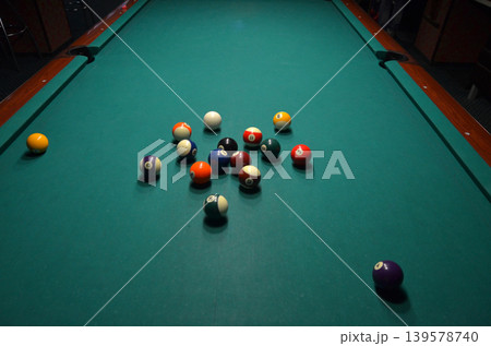 Billiard balls scattered on a pool table Billiard balls scattered on a pool table 139578740