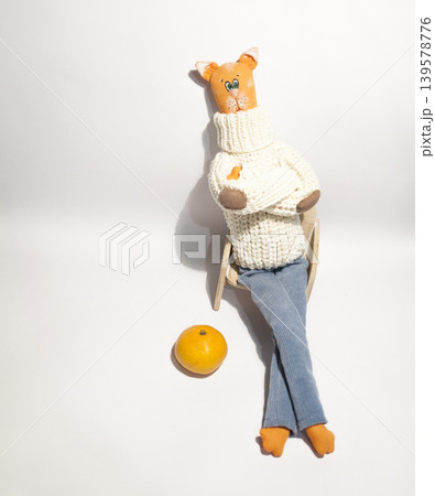 Handmade cat doll resting on chair with orange 139578776