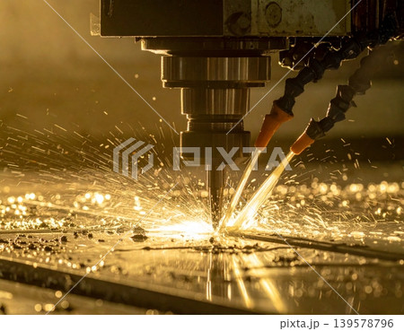 CNC milling machine processing on steel with cooling,industrial metal CNC milling machine processing on steel with cooling,industrial metal 139578796