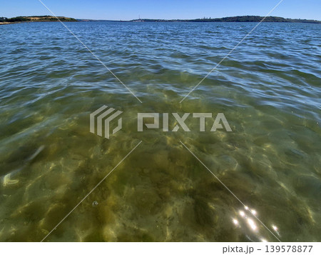Clear coastal water with ripples and shoreline 139578877