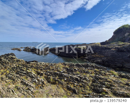 Rocky coastline with calm sea and cloudy sky 139579240