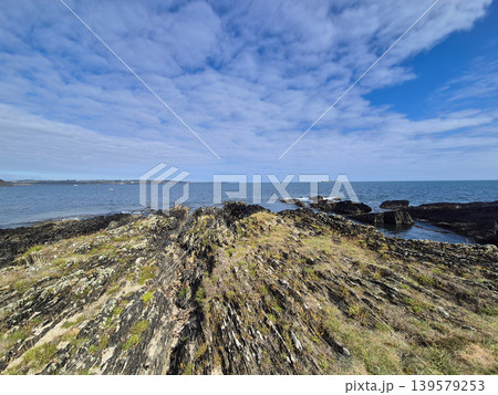Rocky coastline beneath dramatic cloudy sky 139579253