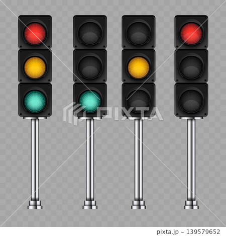 Realistic LED Traffic Light Vector Set. Glowing Red, Yellow and Green Stoplights Isolated on Transparent Background. Realistic LED Traffic Light Vector Set. Glowing Red, Yellow and Green Stoplights Isolated on Transparent Background. 139579652