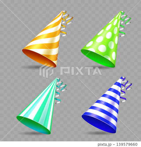 Realistic Colorful Birthday Party Hat Set. Vector Realistic Colorful Birthday Party Hat Set. Vector 139579660