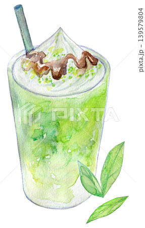 水彩イラスト　アナログイラスト　アイス抹茶ラテ 139579804