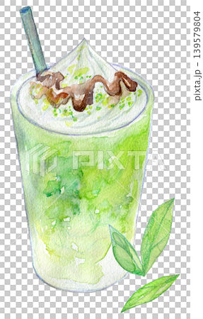 水彩イラスト　アナログイラスト　アイス抹茶ラテ 139579804