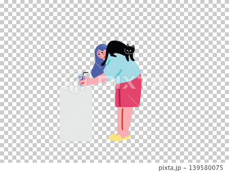 一幅描繪與貓共同生活的女性的插圖 139580075